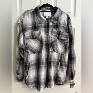 Ashley By 26 International Plaid Button Down Shacket in Black, Gray & Beige